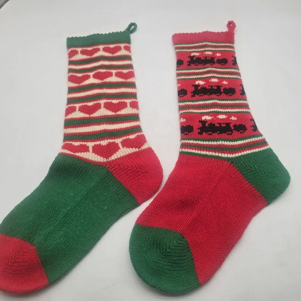 2 VTG‎  Large Wool Christmas Stockings Hearts & Train Sand DOLLAR Designs